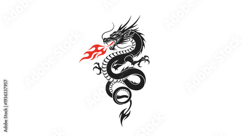 Elegant and powerful tribal-style tattoo design of a coiled black Chinese dragon with red and orange flames highlighting its form.