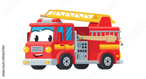 Cartoon fire engine with smiling face driving on road
