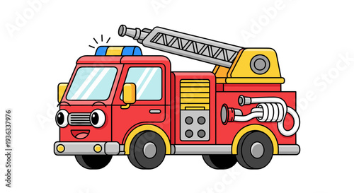 Cartoon fire engine with ladder on city street scene illustration