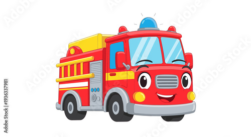 Cartoon fire truck with smiling face driving forward illustration