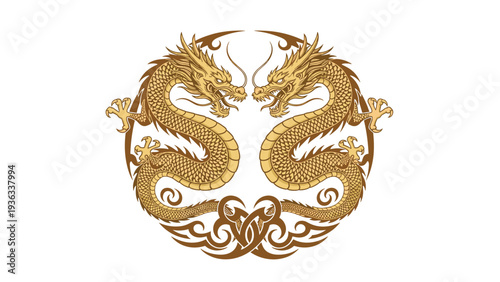 Symmetrical design of two golden Chinese dragons facing each other in a circle, embellished with tribal-style flourishes at the bottom.