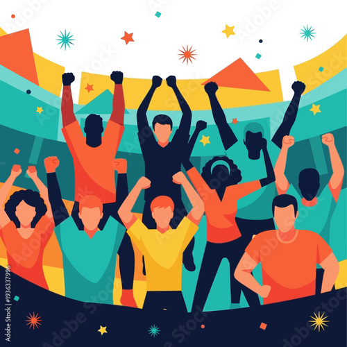 Diverse crowd celebrating victory with raised fists and confetti in stadium