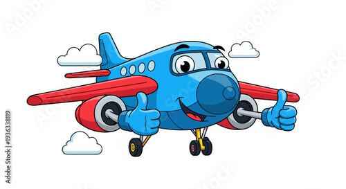 Cartoon airplane character flying with thumbs up among clouds
