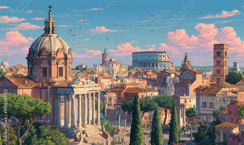 Skyline of Rome, Italy in illustrations, presentation images, travel image ideas, tourism promotion, postcards, generative AI