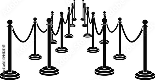 Stanchion queue barrier, rope divider illustration, event crowd control, theater line management, bank queue system, access restriction, vector art design