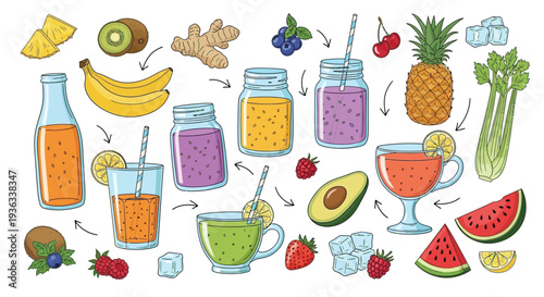 Colorful assortment of fresh fruit and vegetable ingredients for making healthy smoothies and juices