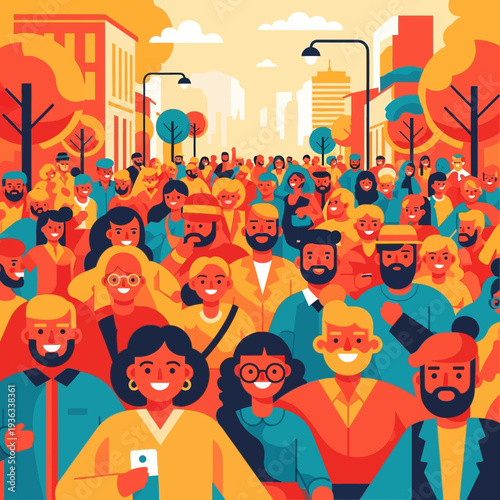 Diverse crowd of people walking on a city street during autumn, vibrant colors, urban lifestyle