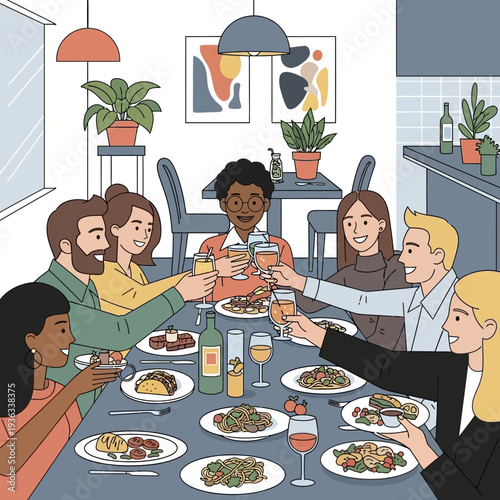 Diverse friends celebrating dinner party, toasting with wine and food on table