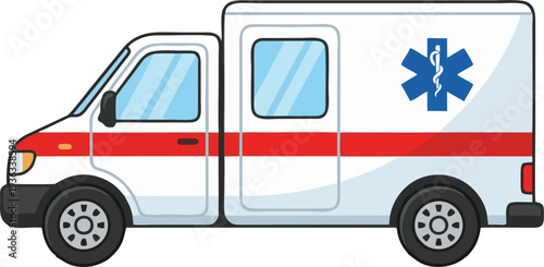 White Ambulance Vehicle with Red Stripe and Star of Life Symbol — Emergency Medical Service Flat Vector Illustration Side View