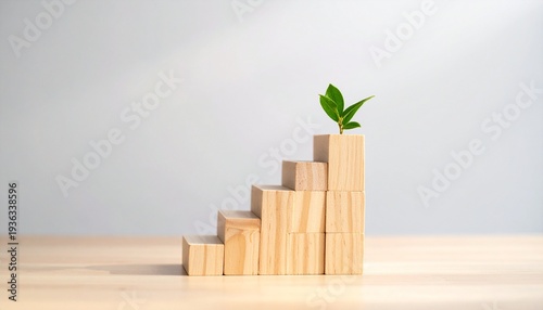 Stepwise Growth Concept With Wooden Blocks and Leaf