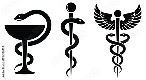 Caduceus medical snake icon in flat set, winged staff with intertwined serpents medical symbol isolated on transparent background for pharmacy