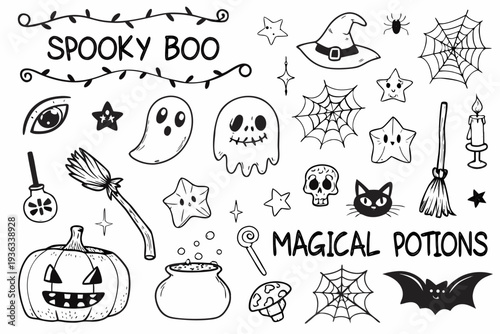 Hand drawn halloween elements including ghosts pumpkins and spooky lettering