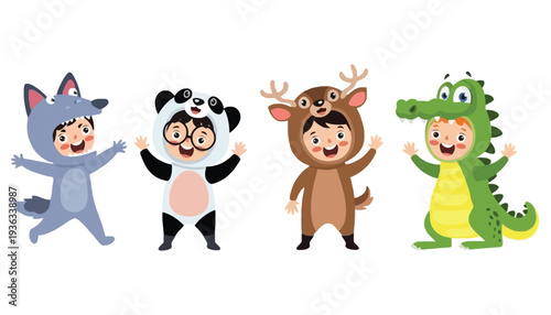 Children wearing animal costumes and having fun together outdoors