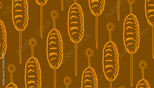 Kofta Kebab Pattern. Seamless Grill Skewer. Middleeastern Meat Illustration. Handdrawn Food Doodle. Repeating Culinary Background. Restaurant Menu Design. Streetfood Vector Texture. Barbecue Cuisine P