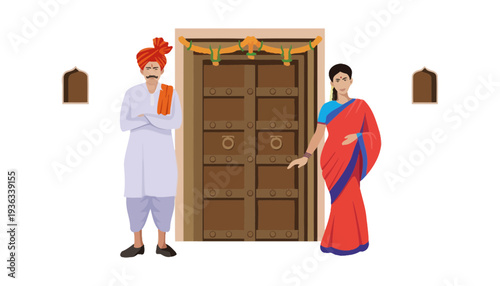 Indian couple standing in front of a traditional decorated door