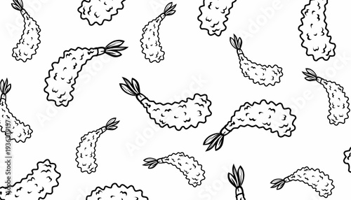 Shrimp Tempura Pattern. Seamless Fried Seafood Background. Crispy Japanese Snack Illustration. Hand Drawn Doodle Style. Food Packaging Texture Design.