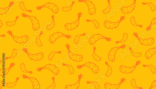 Shrimp Tempura Pattern. Seamless Fried Seafood Background. Crispy Japanese Snack Illustration. Hand Drawn Doodle Style. Food Packaging Texture Design.