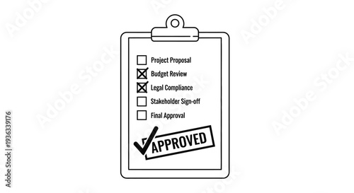 Clipboard checklist itemizing project phases including budget review and legal compliance, stamped clearly with a large, bold 'Approved' seal.
