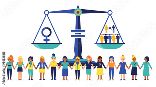 Illustration of diverse people holding hands under a scale with a female symbol on one side and multiple people on the other, symbolizing gender equality and balance.