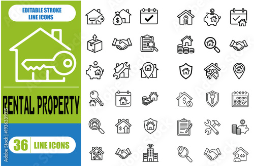 Set of Vector Icons Related to Rental Property. Contains such Icons as Owner, Real Estate, Rent, Sale, Sales Agent, Search and more