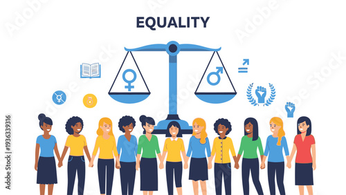 Illustration of diverse people standing in a line holding hands under a scale symbolizing equality with various icons floating around them on a white background.