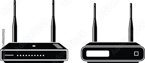 Wireless router illustration, black and white design, internet connectivity device artwork, WiFi technology graphic, modern networking equipment icon, digital communication symbol
