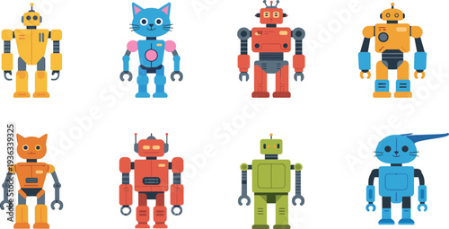 Cute cartoon robot characters set with animal inspired androids and colorful humanoid bots flat vector illustration collection isolated on white
