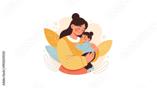 Illustration of a mother tenderly holding her baby with leaves in a warm and loving scene.