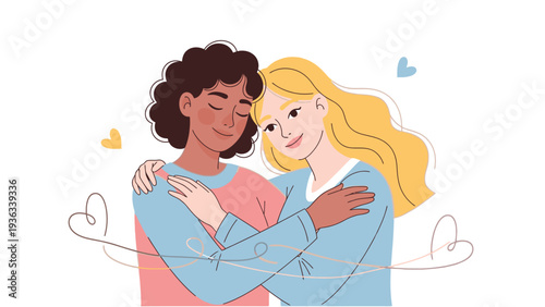 Illustration of two women hugging with hearts around them on a white background in a colorful and affectionate scene.
