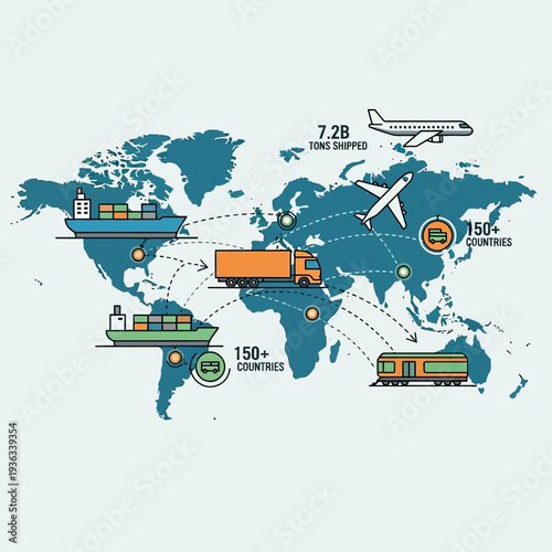 Global logistics and shipping network illustration with cargo ships, trucks, airplanes, and trains on world map