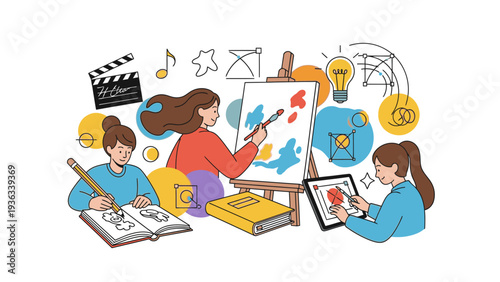 Three students engaged in creative activities with art supplies and educational tools in a colorful setting.