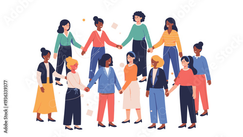 Diverse group of people standing in a circle holding hands in a colorful illustration with a clean white background.