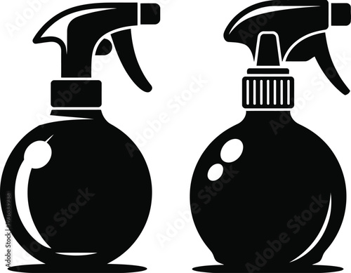 Two black spray bottles with different spray nozzles standing side by side isolated on white background, Vector, illustration