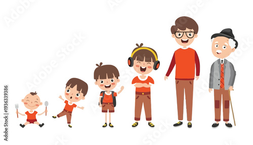 A cartoon illustration of people at different stages of life