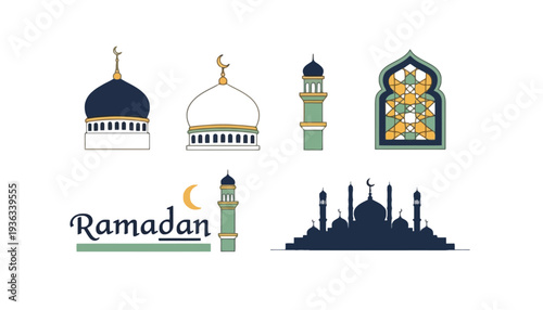 Ramadan mosque vector illustration set with domes and minarets