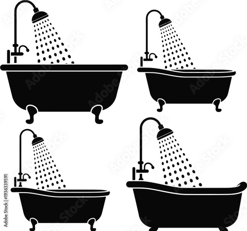 Four bathtubs with shower heads and water flowing in a row isolated on white background, Vector, illustration