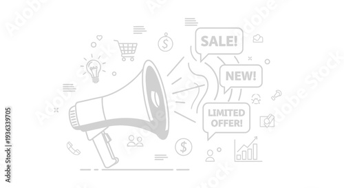 Megaphone broadcasting promotional messages like sale, new, and limited offer surrounded by faint business icons indicating marketing and communication activities.