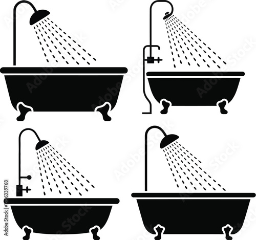 Four different ways to take a bath with a shower head in a bathtub. isolated on white background, Vector, illustration