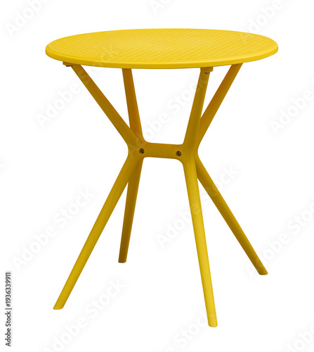 Modern yellow round metal cafe table isolated. Outdoor cafe furniture