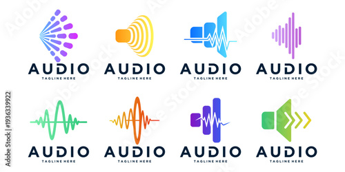 Colorful audio logo collection with waveform, speaker, and sound icons, perfect for music brands, podcasts, audio apps, streaming services, and modern digital branding.