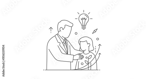 Mentor figure places a supportive hand on a younger person's shoulder beneath a glowing lightbulb representing new ideas and professional growth development.