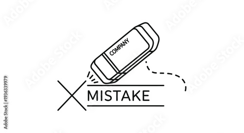Eraser tool actively removes the word mistake from a horizontal line, symbolizing error correction and company accountability in a simplified graphic format.