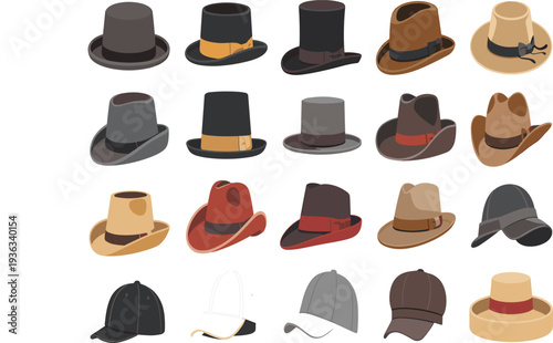 Modern elegant headwear collection vector illustration set with classic gentleman top hat and stylish fedora for fashion