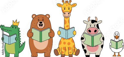 Cute cartoon safari and farm animals reading books set with crocodile, bear, giraffe, cow and duck vector illustration
