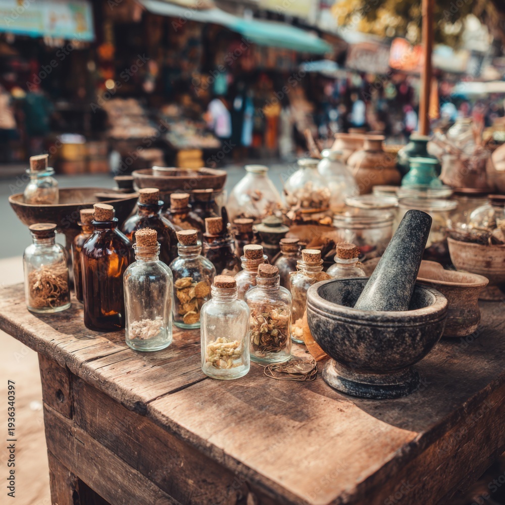 Fototapeta premium Traditional Herbal Medicine Bottles and Jars on Rustic Table