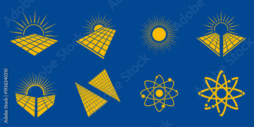 Collection of solar energy logo designs with yellow color on dark blue background