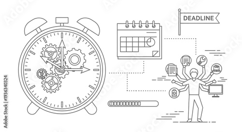Businessman juggling many tasks while alarm clock mechanisms turn beside a calendar and a flag marking the final deadline for project completion.