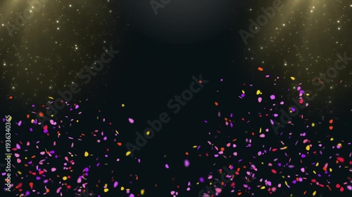 Wallpaper Mural Colorful confetti petals and golden glitter particles dynamically falling against a dark background, celebratory motion footage. Torontodigital.ca