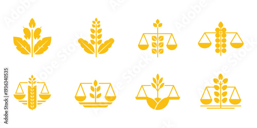 Golden agriculture and justice scale icon set, combining wheat, leaves, and balance symbols.