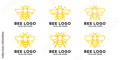 Creative bee badge collection in yellow color, simple flat vector logos for natural product branding.